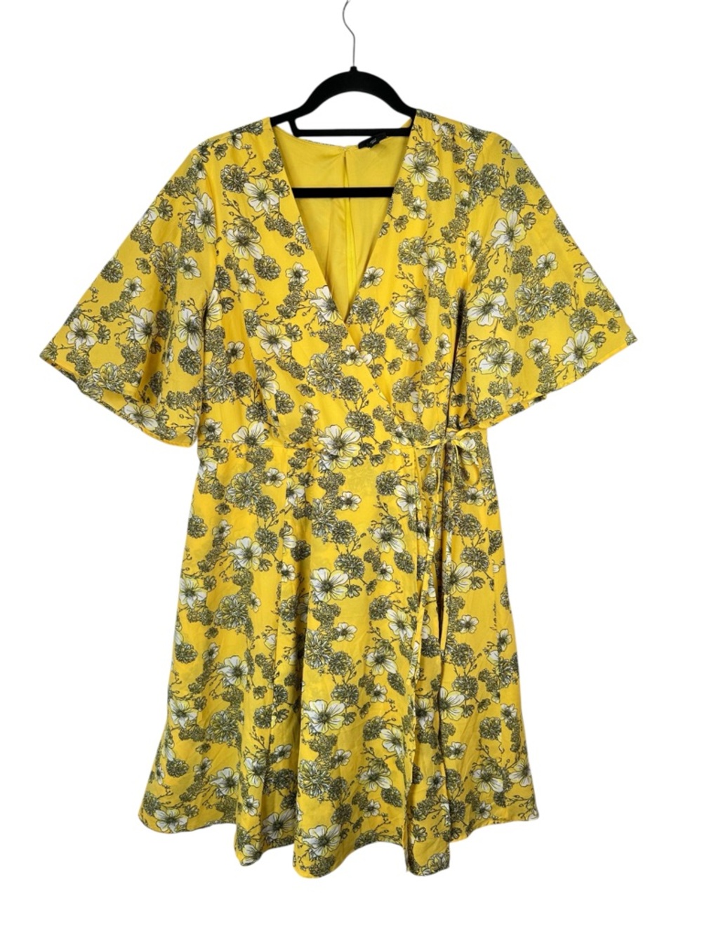 Torrid Floral Georgette Faux Wrap Dress Yellow Flutter Sleeve Womens Size 14 - Picture 2 of 16